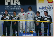 SR1 podium, left to right, John Bosch, Jan Lammers, Andy Wallace, Hayanari Shimoda, Beppe Gabbiani and Felipe Ortiz