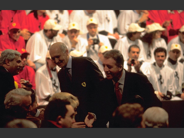 Piero Lardi-Ferrari (right) and Antonio Ghini (head of Ferrari's PR) greeting special guests