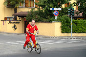 Factory engineer in front of Ristorante Cavallino